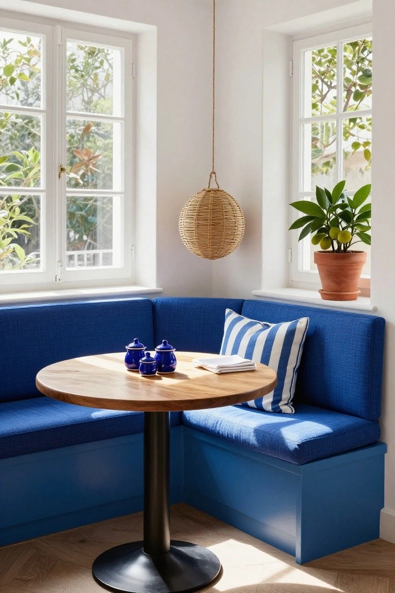 Sunny interior corner with white walls and large windows showing greenery outside, blue fabric banquette seating around a round wooden table topped with blue ceramic jars and a striped pillow, rattan pendant light hanging above, and potted plant on windowsill.