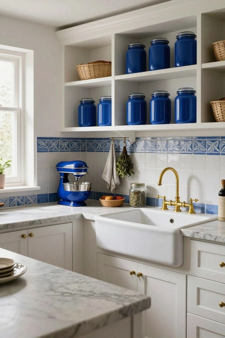 White kitchen featuring open wooden shelves with multiple blue ceramic jars, a blue KitchenAid stand mixer on marble countertops, white cabinets, blue patterned tile backsplash, and a white farmhouse sink with gold faucet.