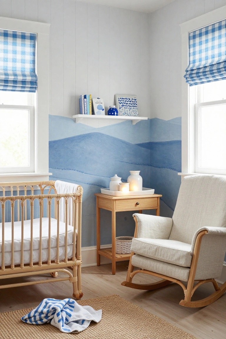 Nursery corner with rattan crib on wood floor, linen rocking chair nearby, wooden side table holding white ceramics and candles, white shelf with blue pottery and books, blue checkered curtains on windows, and blue gradient mountain mural on wall.