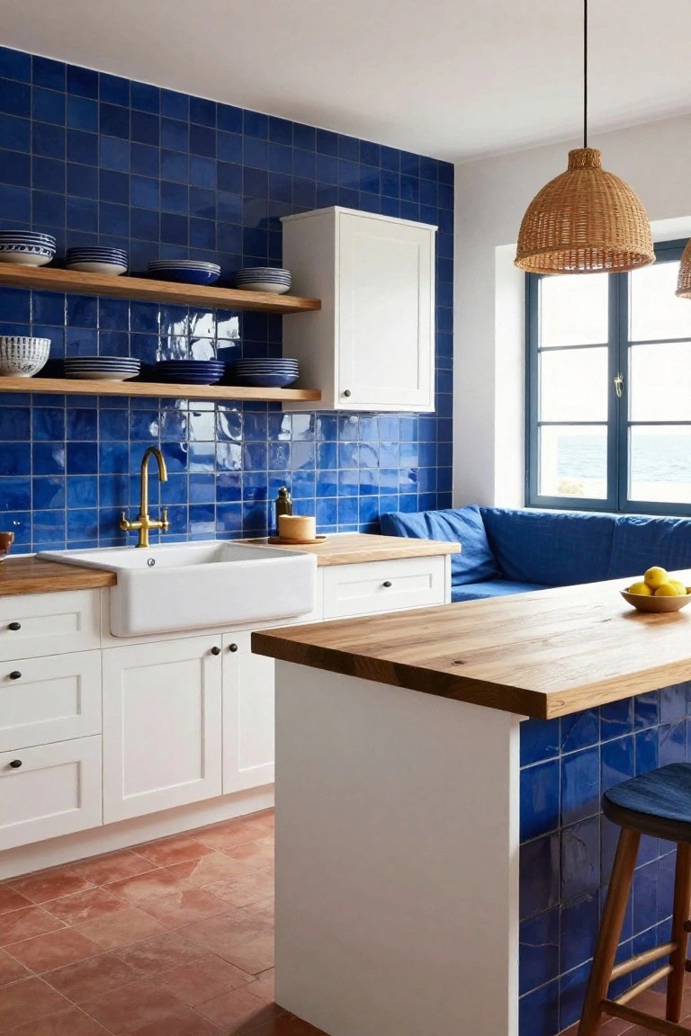 Kitchen with blue square tiles covering most walls, white cabinets, wooden countertop island with stools, farmhouse sink, and window overlooking the sea.