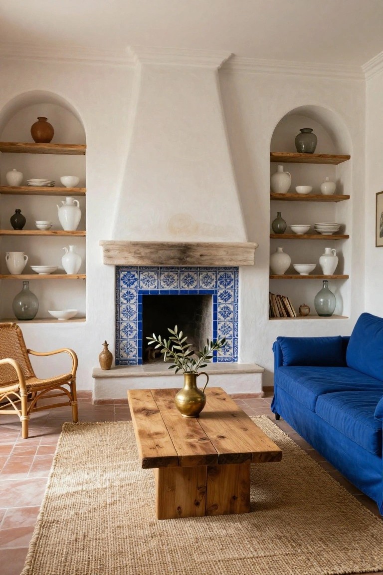 Living room interior with white arched niches shelving pottery flanking a central fireplace with blue floral tiled surround and rustic wood mantel, wooden coffee table holding a brass vase of olive branches, blue sofa, rattan chair, and terracotta tile floor.