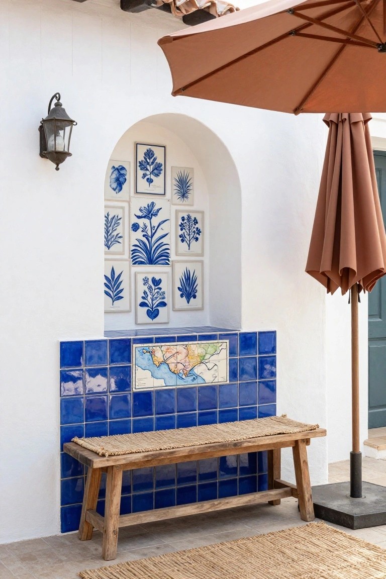 White stucco exterior wall with arched niche holding blue and white framed botanical prints, blue tiled lower section including a map tile, wooden bench on the tiles, beige market umbrella nearby, seagrass rug on tile floor, and green door visible.