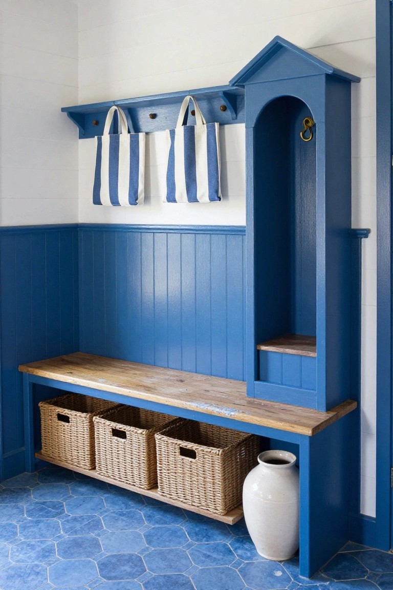 Blue-painted wooden bench with wicker baskets stored underneath, coat hooks holding striped canvas bags above, arched blue cabinet beside it, blue hexagonal tile floor, and white shiplap walls in an entryway.