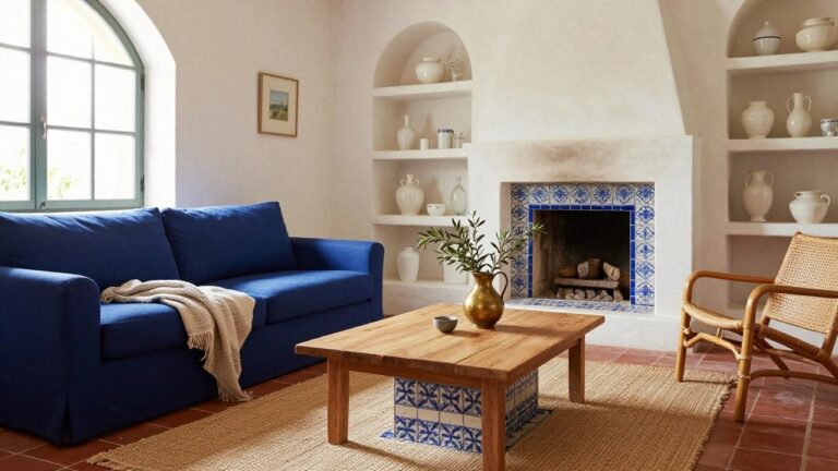 Living room interior with white arched niches shelving pottery flanking a central fireplace with blue floral tiled surround and rustic wood mantel, wooden coffee table holding a brass vase of olive branches, blue sofa, rattan chair, and terracotta tile floor.