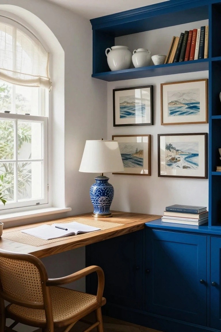 Corner home office with oak desk on woven mat, rattan armchair, deep navy blue built-in shelves and cabinets holding white pottery, books, and a blue ginger jar lamp, plus framed watercolor seascapes on white walls beside an arched window with sheer curtains.