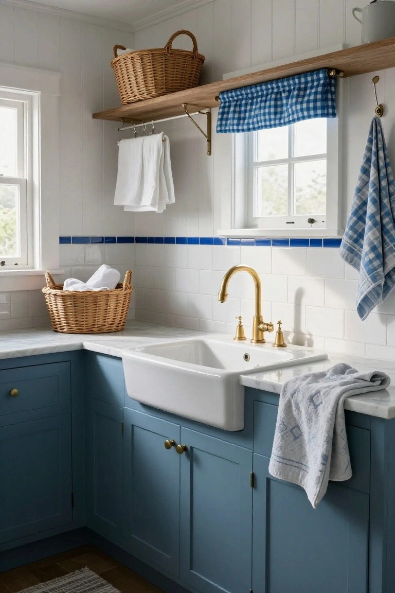 Corner of a laundry room with deep navy blue shaker cabinets below a white marble countertop and farmhouse sink with gold faucet, white subway tile backsplash edged in blue tiles, wooden shelves holding wicker baskets and linens, blue gingham window curtain, and hanging towels.