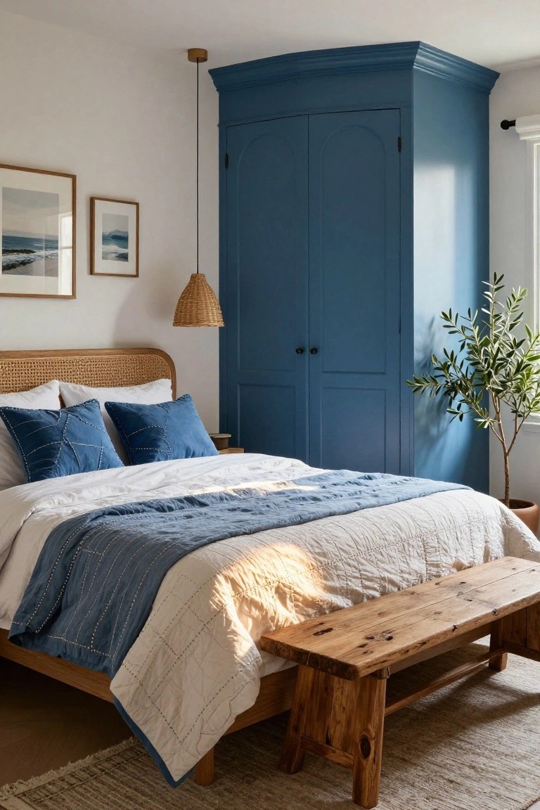 Bedroom with tall navy blue corner wardrobe with arched doors, rattan headboard bed draped in white quilt and blue throw, blue pillows, wooden bench at foot, rattan pendant light, olive tree in terracotta pot, and white walls.