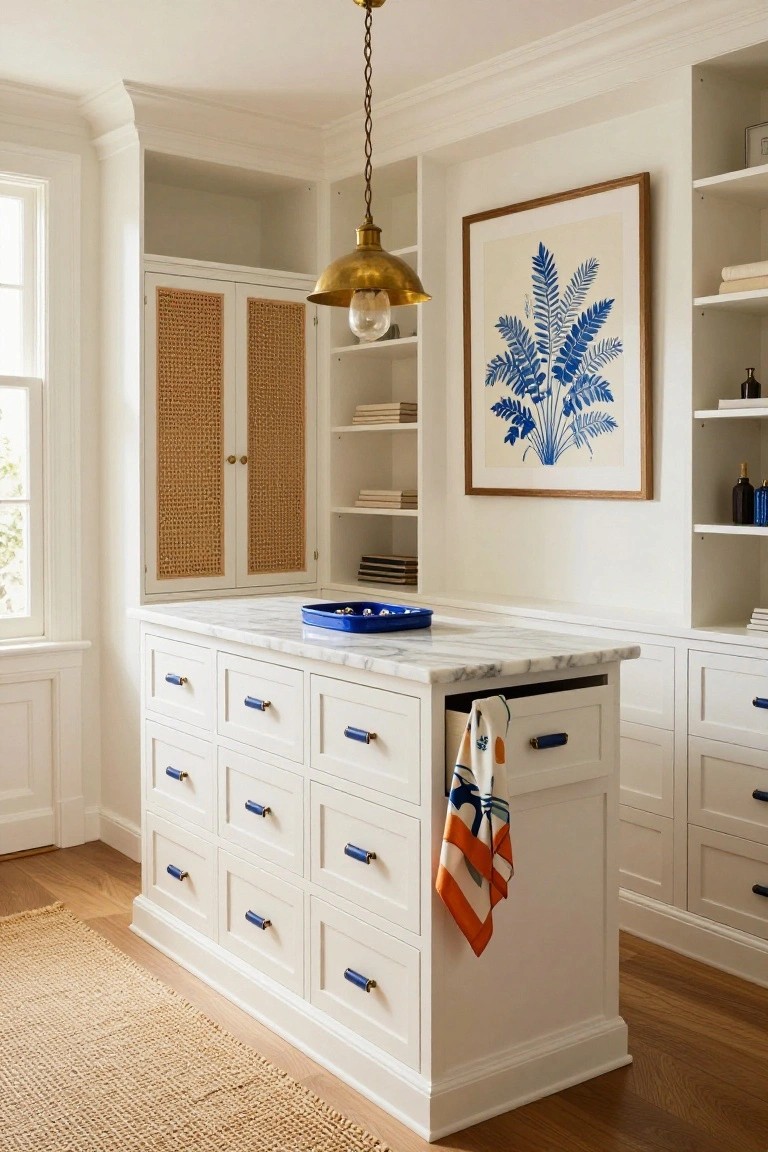 White freestanding island with marble top and navy blue drawer pulls in a white kitchen featuring built-in cabinets, rattan doors, shelves with linens, and a large framed blue fern artwork on the wall.