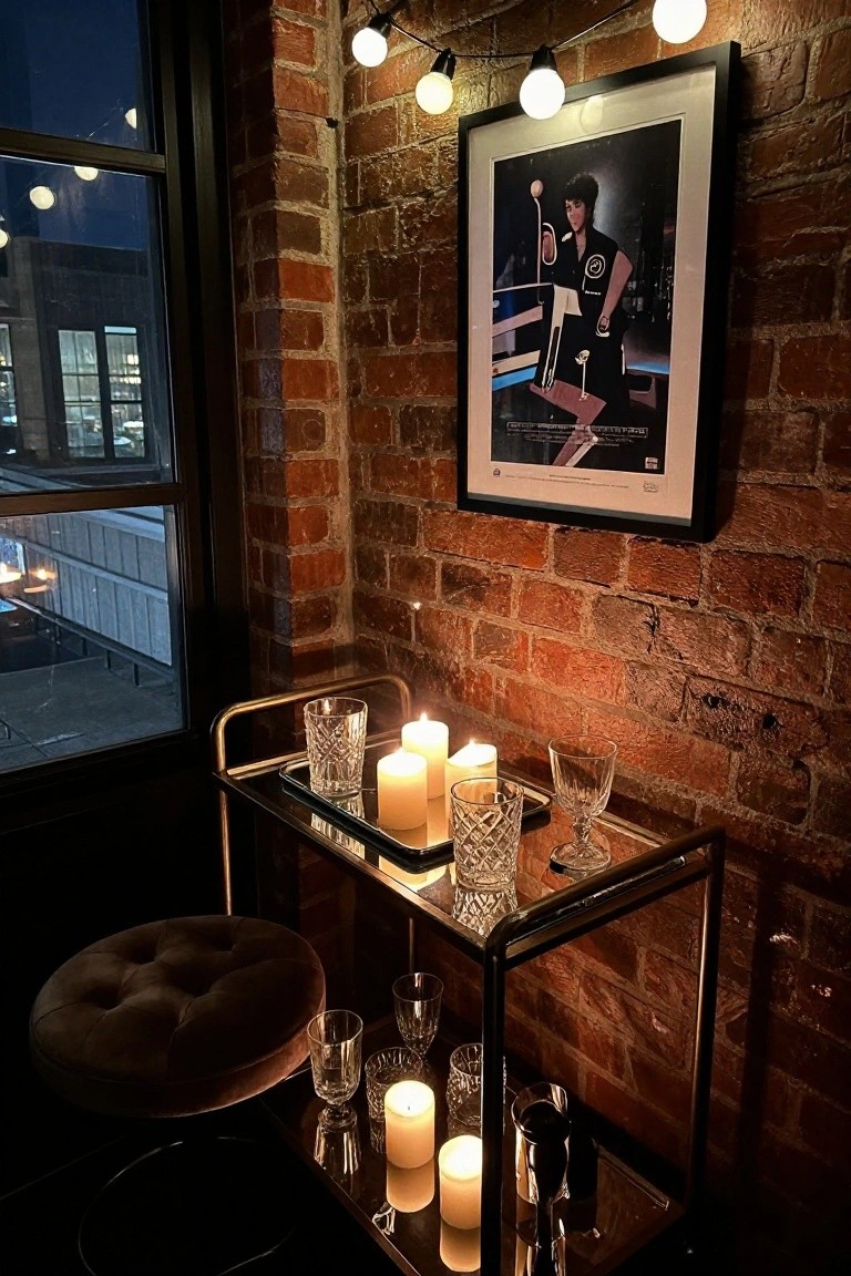 Metal bar cart with lit candles, crystal glasses, and a bottle in a dimly lit brick-walled room with string lights, a poster, and large window showing nighttime city view.
