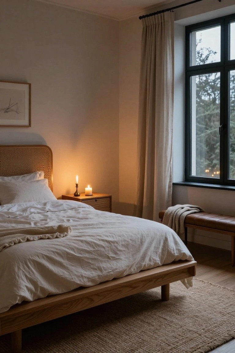 Bedroom with rattan headboard on wooden bed frame, white rumpled bedding, nightstand holding lit candles, leather bench with throw at bed foot, large window with sheer curtains showing dark trees outside.