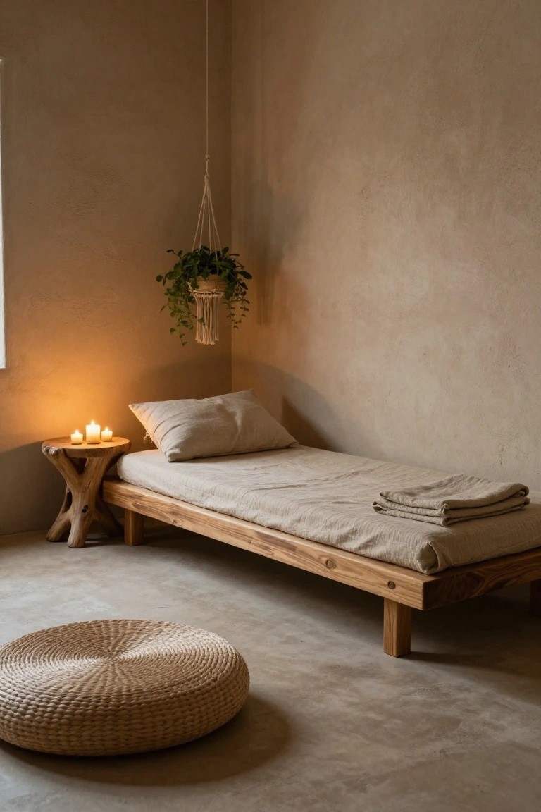 Minimalist beige bedroom corner with low wooden bed draped in light linens, tree-trunk stool holding three lit candles, macrame hanging plant, and woven floor pouf.