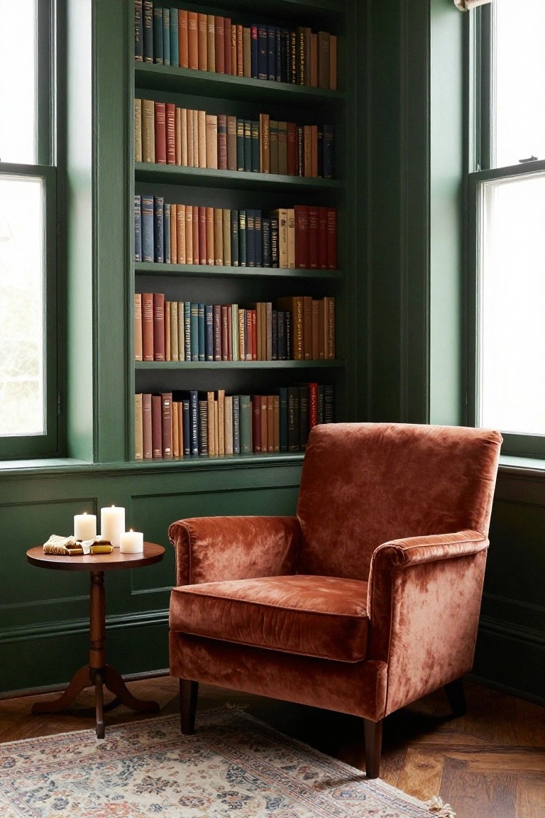 Corner of a green-paneled library room with floor-to-ceiling bookshelves filled with books, a rust-colored velvet armchair, small round wood side table with lit candles and matches, patterned rug on parquet floor, and tall windows.