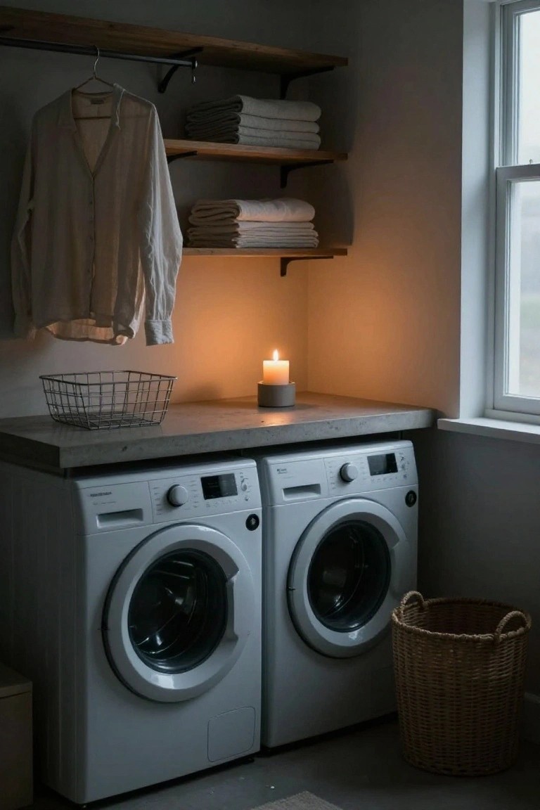 Laundry room featuring two white front-loading washing machines under a concrete countertop with a lit white candle in a gray holder, a wire basket, wooden shelves holding folded towels, a hanging linen shirt, and a wicker laundry hamper on the floor.