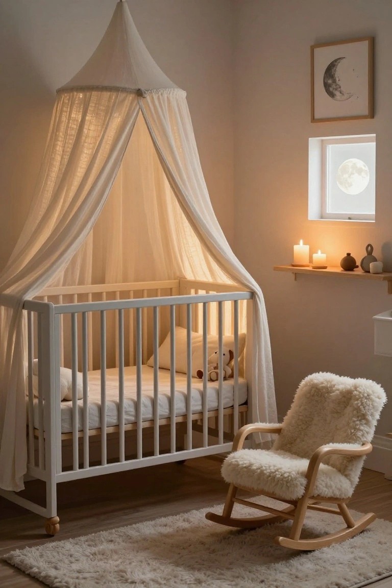 White canopy crib in a light beige nursery room with burning candles on a wooden wall shelf, fluffy white rocking chair on a rug, and full moon visible through a small window.