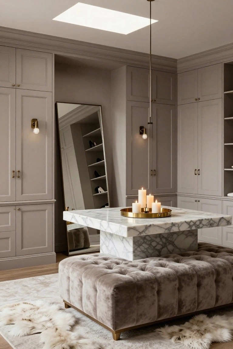 Walk-in closet with light gray paneled wardrobes, full-length mirror, white marble table holding gold tray with multiple lit candles, gray velvet ottoman, and white sheepskin rugs on light wood floor.