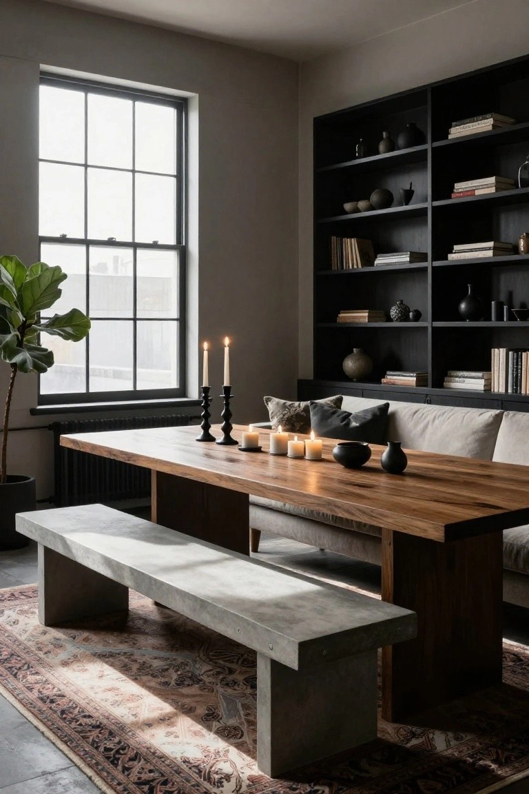 Modern interior dining area with a long wooden table holding multiple lit candles in black holders and tealights, flanked by concrete benches, black bookshelves with ceramics and books, a gray sofa with pillows, a large potted fiddle leaf fig plant, and a large grid window.