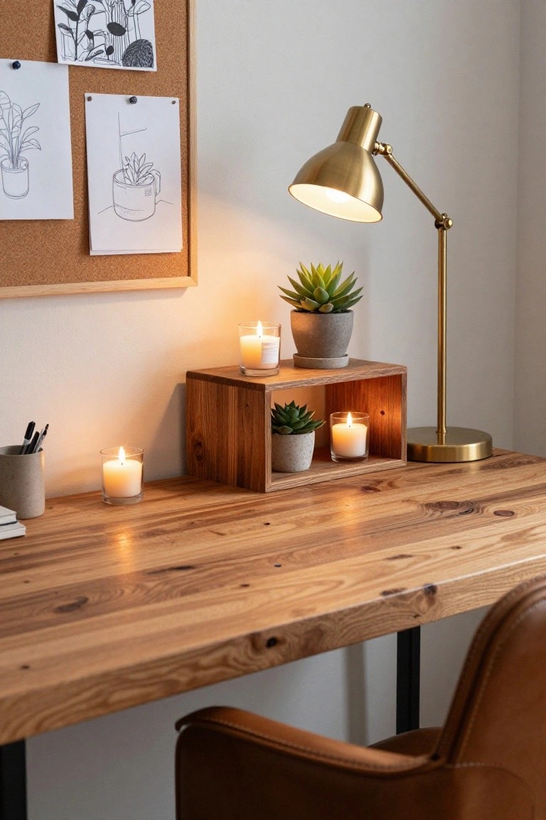 Wooden desk with lit candles, brass lamp, and succulents.