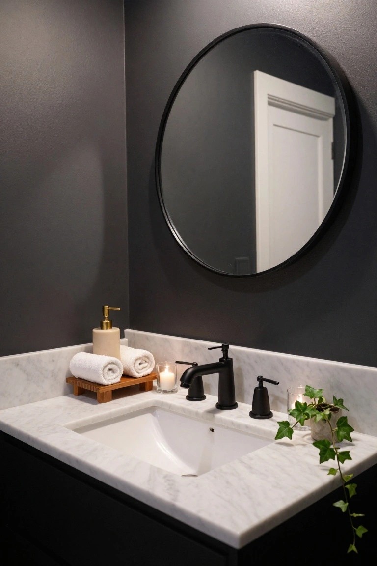 Modern bathroom corner with dark gray walls, large round black-framed mirror, white marble vanity top holding a white undermount sink, black faucet, gold lotion dispenser, folded white towels on wooden tray, glass candles, and potted ivy plant.