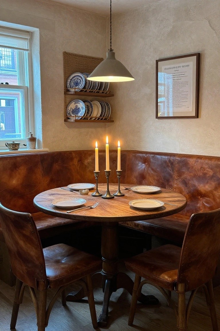 Corner tufted brown leather banquette seating around a round wooden table set with white plates, forks, and three lit beige candles in a silver candelabra, in a beige-walled kitchen with blue plates on a wall shelf and a pendant light overhead.