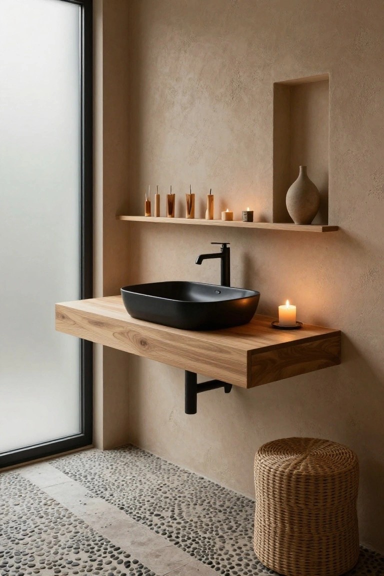 A minimalist bathroom with beige textured walls, a frosted glass window, floating wooden vanity with black vessel sink and candle, open shelf above holding candles bottles and wooden sticks, recessed niche with tall vase, woven round stool, and pebble stone floor.