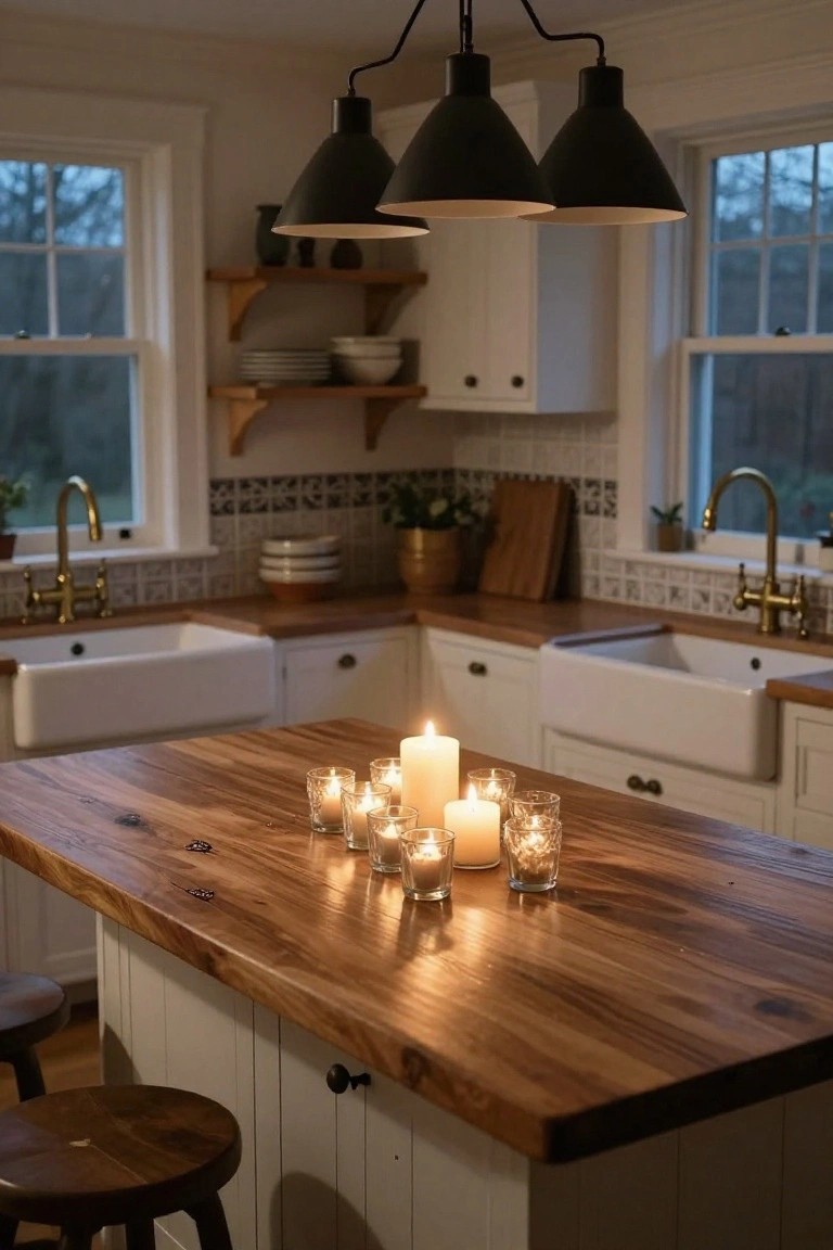 A farmhouse-style kitchen at dusk with white cabinets, brass faucets on white farmhouse sinks, wooden island centered with multiple lit pillar and glass candles, wooden stools, and black pendant lights overhead.