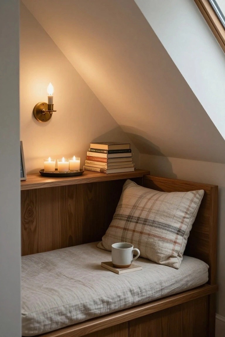 Wooden built-in corner bench with beige linen cushion, plaid pillow, and teacup on saucer, shelves above holding lit votive candles in glass holders and stacked books, wall sconce with candle under sloped white ceiling.