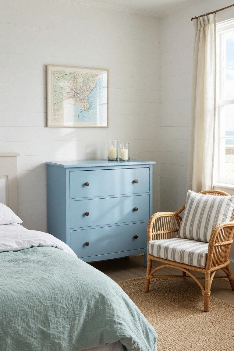 Corner of a bedroom featuring a light blue dresser with four drawers topped by two glass candle holders containing white pillar candles, next to a bed with white sheets and green throw, a rattan chair with striped cushion, white shiplap walls, and a window with sea view.
