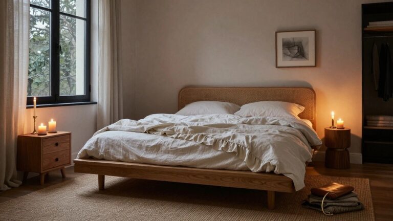 Bedroom with rattan headboard on wooden bed frame, white rumpled bedding, nightstand holding lit candles, leather bench with throw at bed foot, large window with sheer curtains showing dark trees outside.