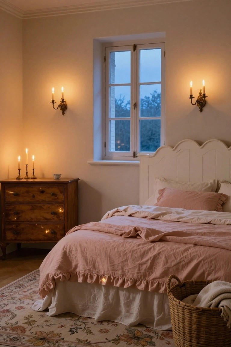 Bedroom interior at dusk lit by candles in wall sconces beside a window and a three-arm candelabra on a wooden dresser, with a white scalloped headboard bed in pink linens, wicker basket holding a blanket, and oriental rug on parquet floor.