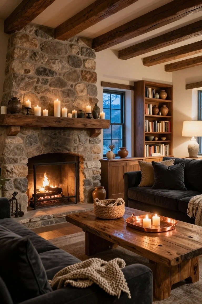Cozy living room with large stone fireplace burning logs, wooden mantel holding multiple lit pillar candles, dark sofa with pillows and throw nearby, wooden coffee table with copper tray and candles, bookshelves, and window showing snowy landscape.