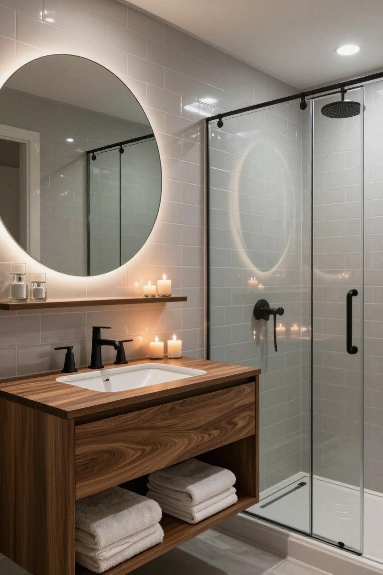 Modern bathroom with light gray subway tile walls, wooden vanity and sink, round backlit mirror, floating wooden shelf with candles, and clear glass shower enclosure.