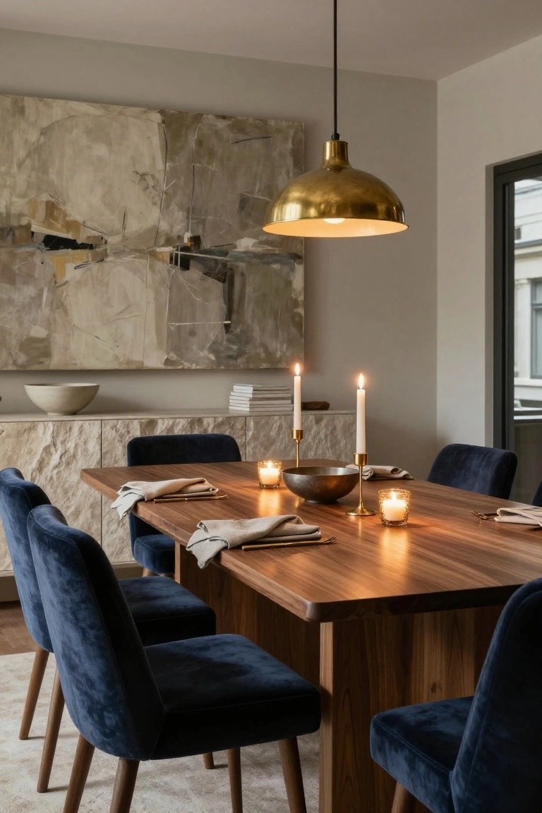 Modern dining room with walnut table, navy velvet chairs, linen napkins, gold utensils, lit taper candles in brass holders, tea lights in glasses, and a brass bowl of flames under a gold pendant light.