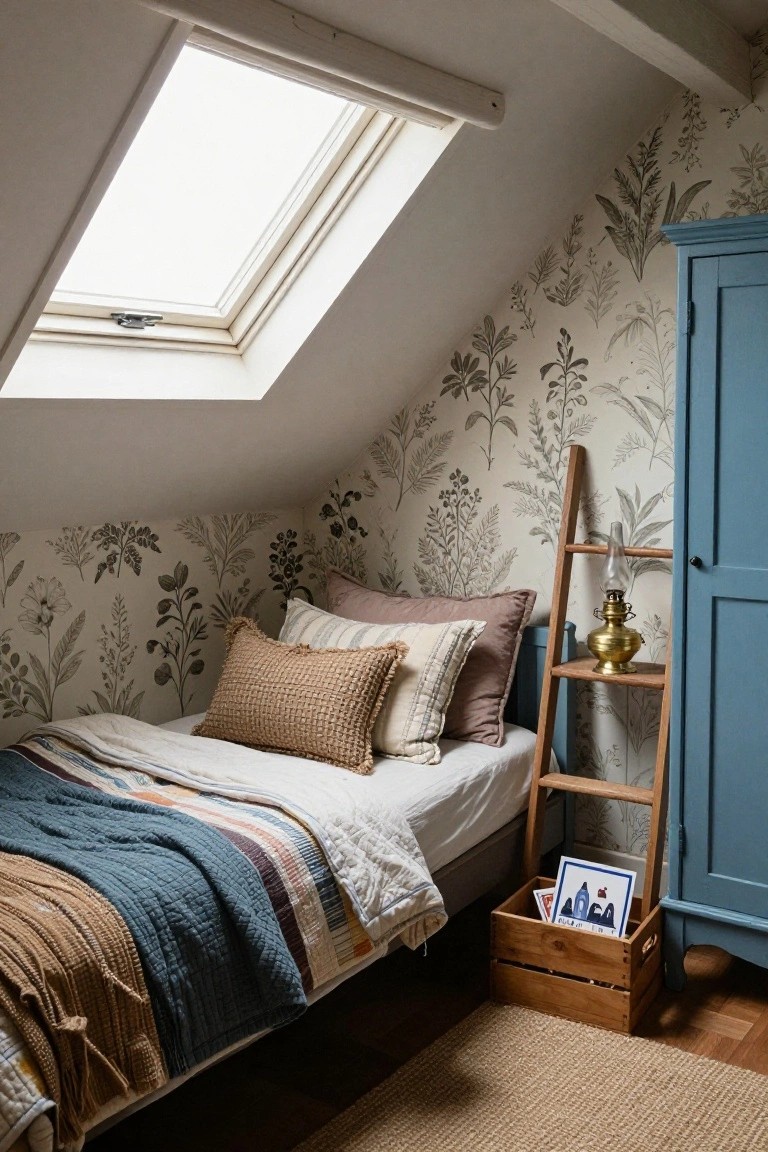 Cozy attic bedroom with sloped floral walls, blue wardrobe, and skylight.