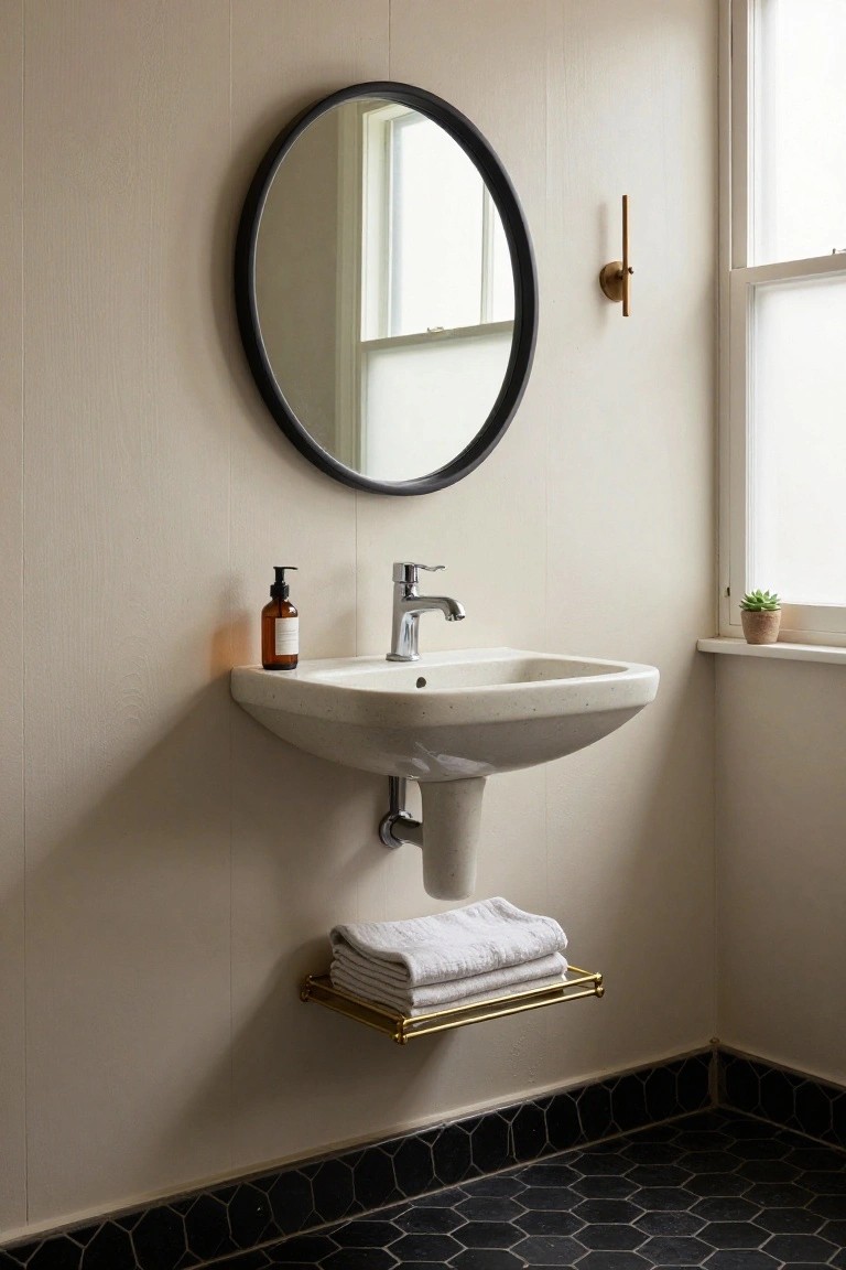 Bathroom corner with wall-mounted white sink, black-framed round mirror above, brass towel shelf below, beige wood-look walls, and black hexagonal floor tiles beside a window with a potted succulent.