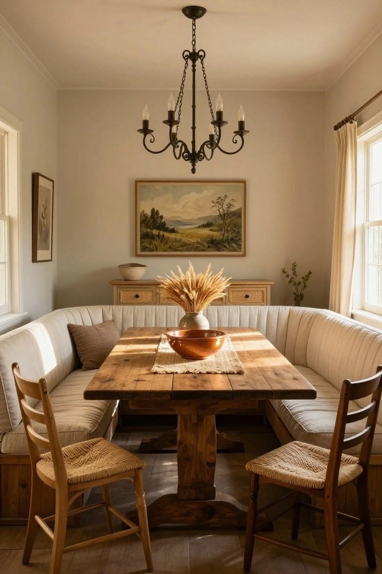 A sunlit interior dining nook with white tufted banquette seating along three walls around a rectangular wooden table, wooden chairs at the ends, a black metal chandelier overhead, potted wheat stalks, and landscape artwork on beige walls.