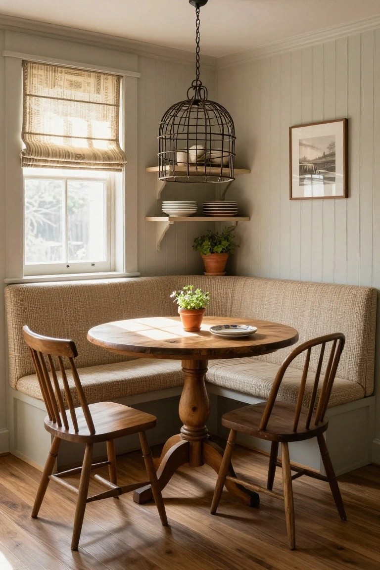 Kitchen corner with beige upholstered banquette seating around a round wooden pedestal table, two wooden spindle chairs, potted plants on shelves, and a birdcage pendant light above pale green paneled walls.