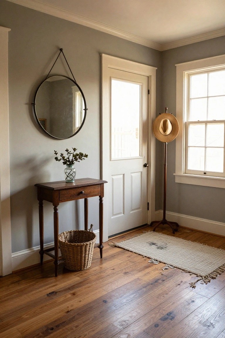 Rustic entryway with round mirror, wooden table, hat stand, and woven rug.