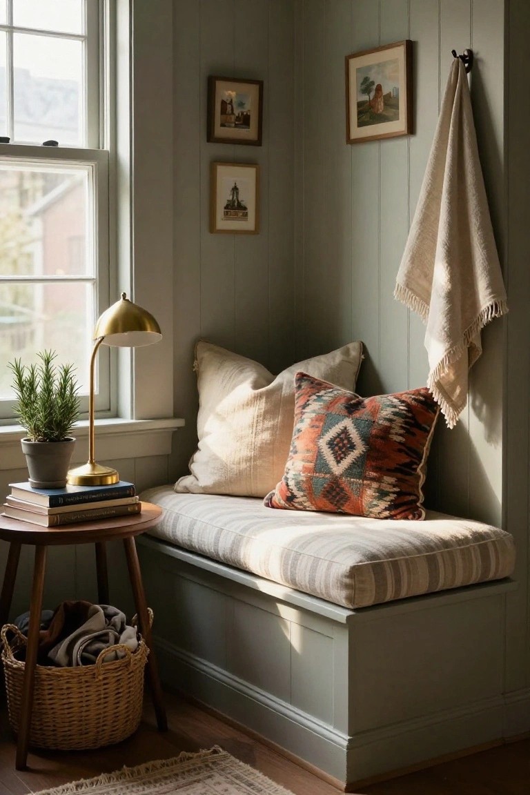 Cozy window nook with striped cushion, patterned pillows, brass lamp, and woven basket.