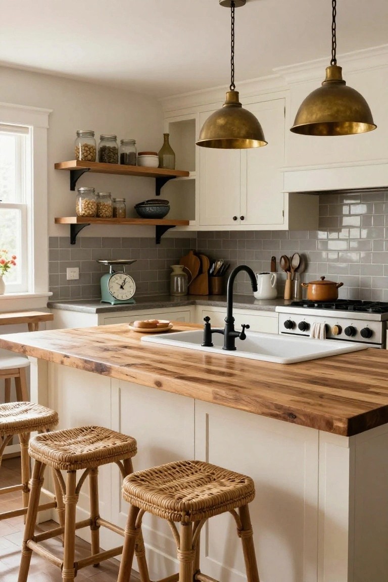 Farmhouse kitchen with a large wooden island countertop, four rattan barstools, white cabinets, black faucet in a white sink, brass pendant lights, open wood shelves with jars, and gray subway tile backsplash.