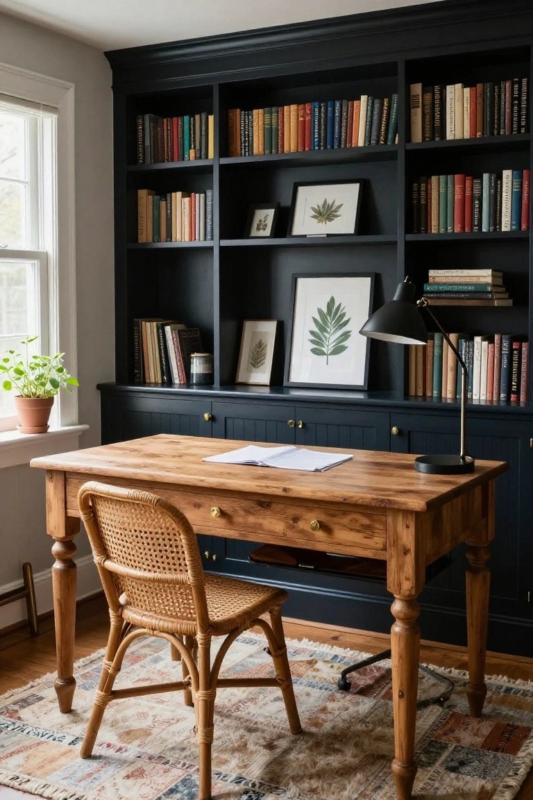Home office featuring navy painted built-in bookshelves and cabinets around a wooden desk with rattan chair, potted plant by window, desk lamp, and assorted books and art.