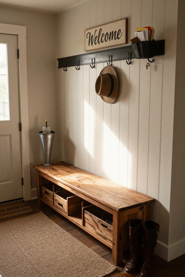 Wooden entryway bench with woven baskets in cubbies underneath, black coat hooks and rail on white shiplap wall above, cowboy hat hanging from a hook, metal umbrella stand nearby, tall leather boots beside the bench, and jute rug on wood floor.