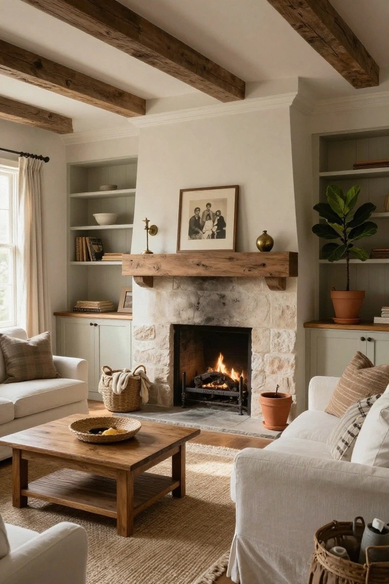 Living room with exposed dark wooden ceiling beams, stone fireplace with fire burning, white slipcovered sofas, wooden coffee table, built-in green cabinetry, and potted plants.