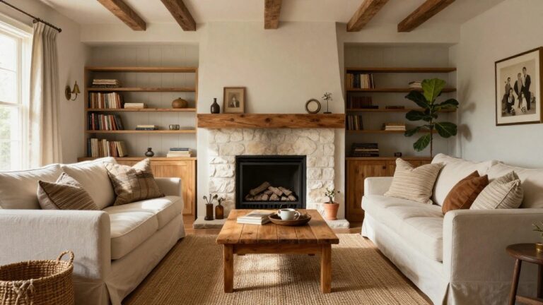 Living room with exposed dark wooden ceiling beams, stone fireplace with fire burning, white slipcovered sofas, wooden coffee table, built-in green cabinetry, and potted plants.