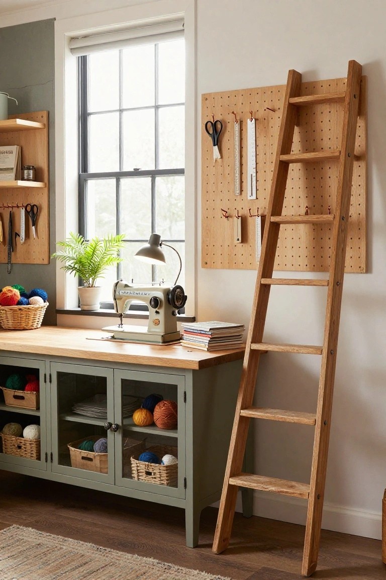 Wooden workbench with vintage sewing machine and books in a craft room featuring green cabinets storing yarn baskets, pegboard wall with tools, potted plant, and tall leaning oak ladder shelf against white wall.