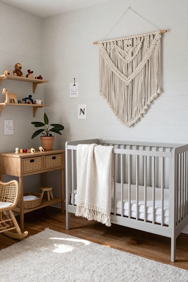 Nursery room with gray crib draped in white knit blanket, wooden dresser holding toys and plant, rattan rocking chair with basket, macrame wall hanging on shiplap wall, wooden animal toys on floating shelves, plush white rug, and hardwood floors.