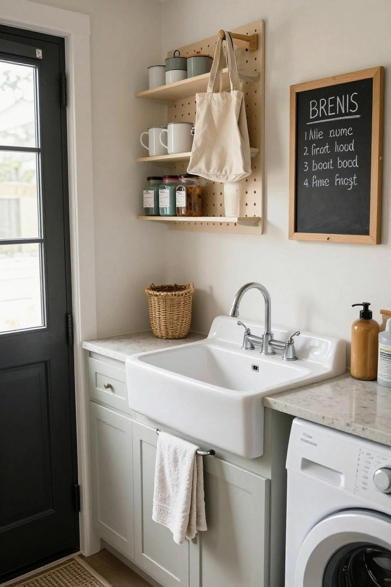 Laundry room interior with white farmhouse sink on quartz countertop, sage green cabinets, white washer dryer, pegboard wall with shelves holding enamel mugs and glass jars, hanging canvas tote bag, woven basket, soap dispensers, and chalkboard shopping list next to black door.