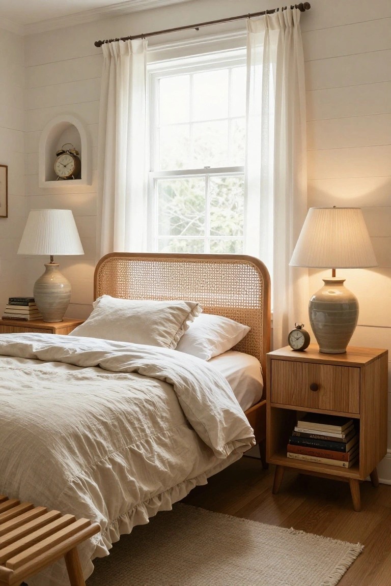Bedroom with rattan headboard on a bed dressed in white linens, flanked by wooden nightstands holding ceramic vases, lamps, clocks, and books, arched wall niche with clock, large window with sheer white curtains, and wooden bench on wood floor.
