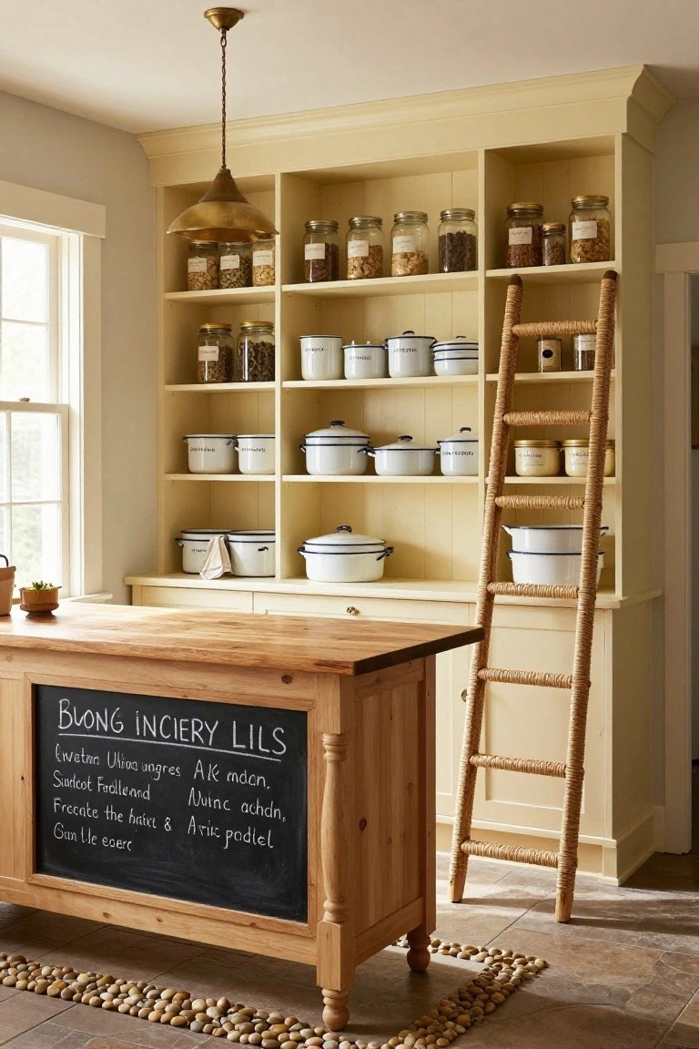 Tall open shelving unit painted pale yellow in a kitchen, stocked with glass jars of beans and nuts, white enamelware pots and bowls, and a woven rope ladder leaning next to it beside a wooden island with chalkboard front.