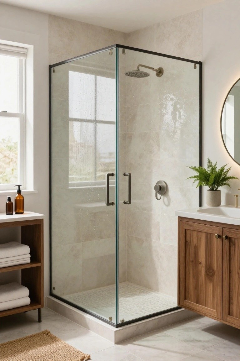 Corner glass shower with black metal frame and grab bars in a bathroom with light stone tiles, wood vanity cabinet, open towel shelf, round backlit mirror, and potted fern.