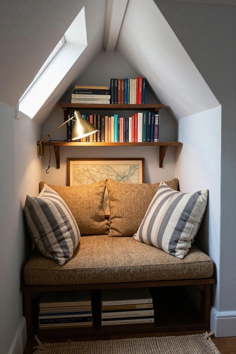 Cozy attic reading nook with wooden bookshelves filled with books, cushioned bench seat with striped and tan pillows, brass wall lamp, and framed map under sloped ceiling and skylight.